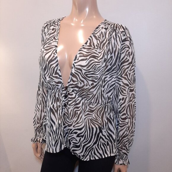 CREAM Zebra Print Blouse Long Sleeve Sheer Plunging Vneck Flowy Buttoned Front - Picture 3 of 15